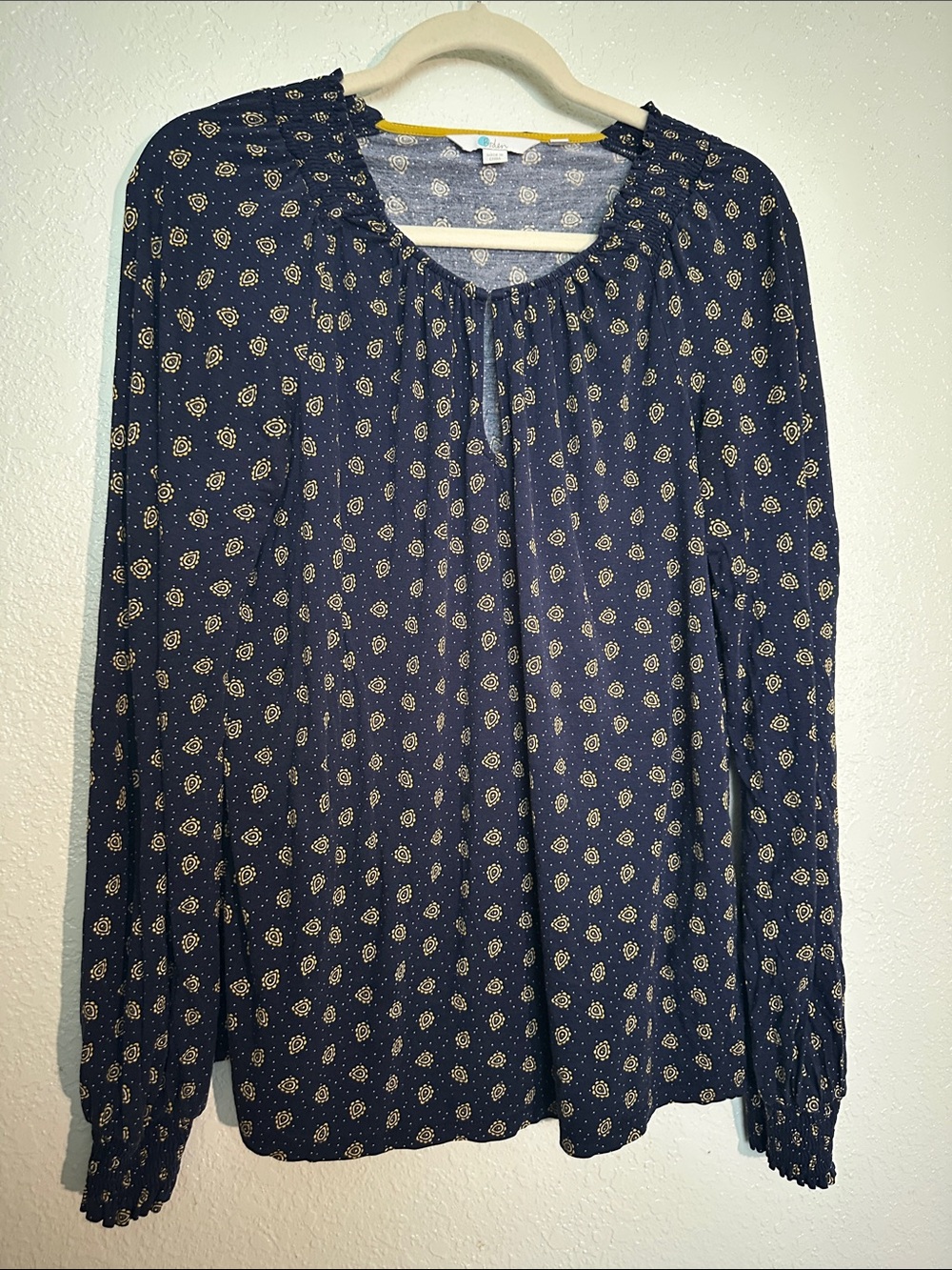 Boden Navy Blue Floral Long-Sleeve Peasant Blouse